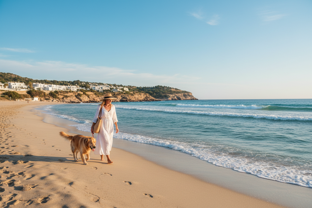 kopegiyle yuruyus yapan bir kadin fotografi, guzel bir deniz kenarinda